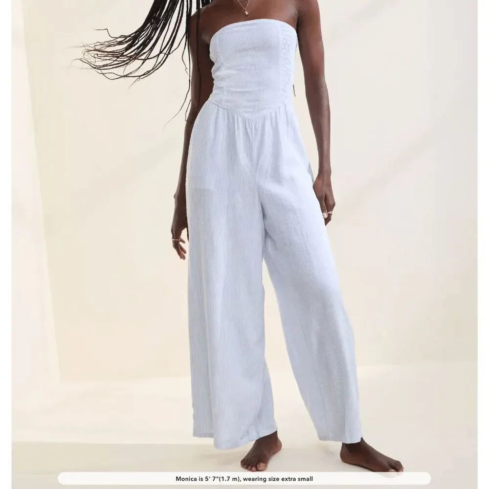 Aerie Strapless Blue White Stripe Jumpsuit Wide Leg Beach Resort M
